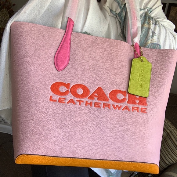 SOLD⛔️Authentic COACH Colorblock Pebbled natural leather snap Logo large tote - Picture 12 of 16